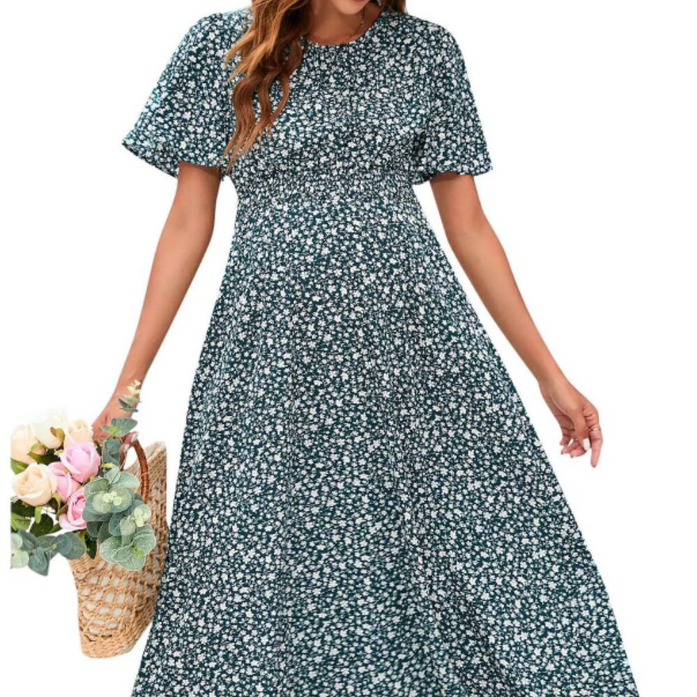 Women's Maternity Floral Short Sleeve Dress Boho Smocked Scoop Neck Midi Dress